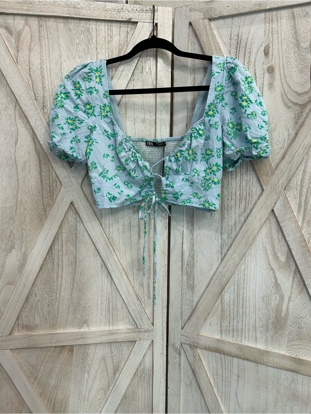 ZARA Light Blue Floral Tie-Front Puff Sleeve Crop Top